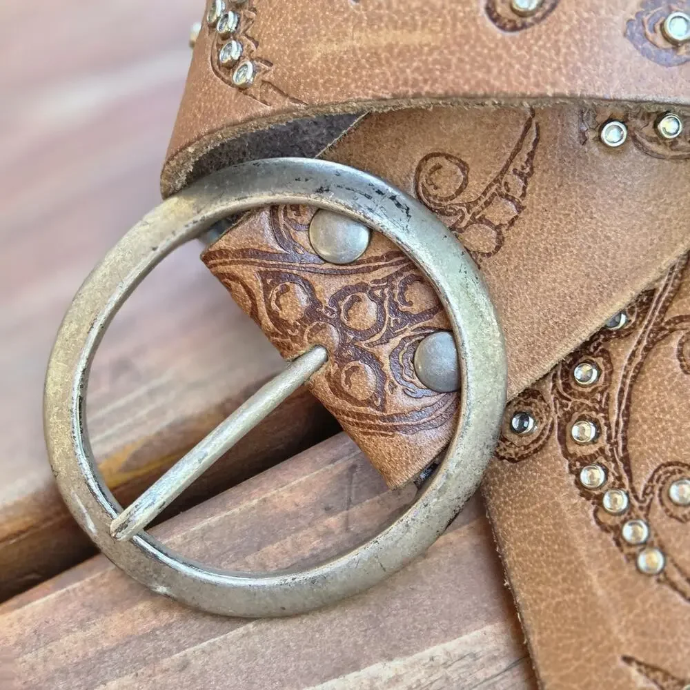 Vintage Y2K Hollister Leather Belt L Brown Tooled Studded Western Boho 2
